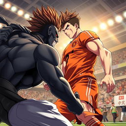 A powerful anime-style character resembling a football player, inspired by the athleticism and dynamic presence of Cristiano Ronaldo, facing off against a villain resembling Baki Hanma from the anime series 'Baki the Grappler'