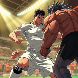 A powerful anime-style character resembling a football player, inspired by the athleticism and dynamic presence of Cristiano Ronaldo, facing off against a villain resembling Baki Hanma from the anime series 'Baki the Grappler'