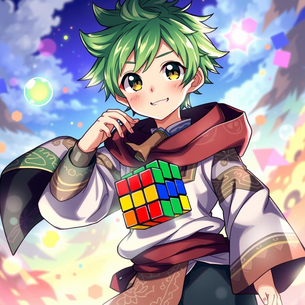 An anime boy with vibrant green hair, wearing a seven-layered traditional outfit that blends intricate patterns and colors, with a hidden component resembling a Rubik's Cube