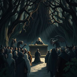An illustration depicting a natural court scene with a judge sitting at the front, presiding over a trial