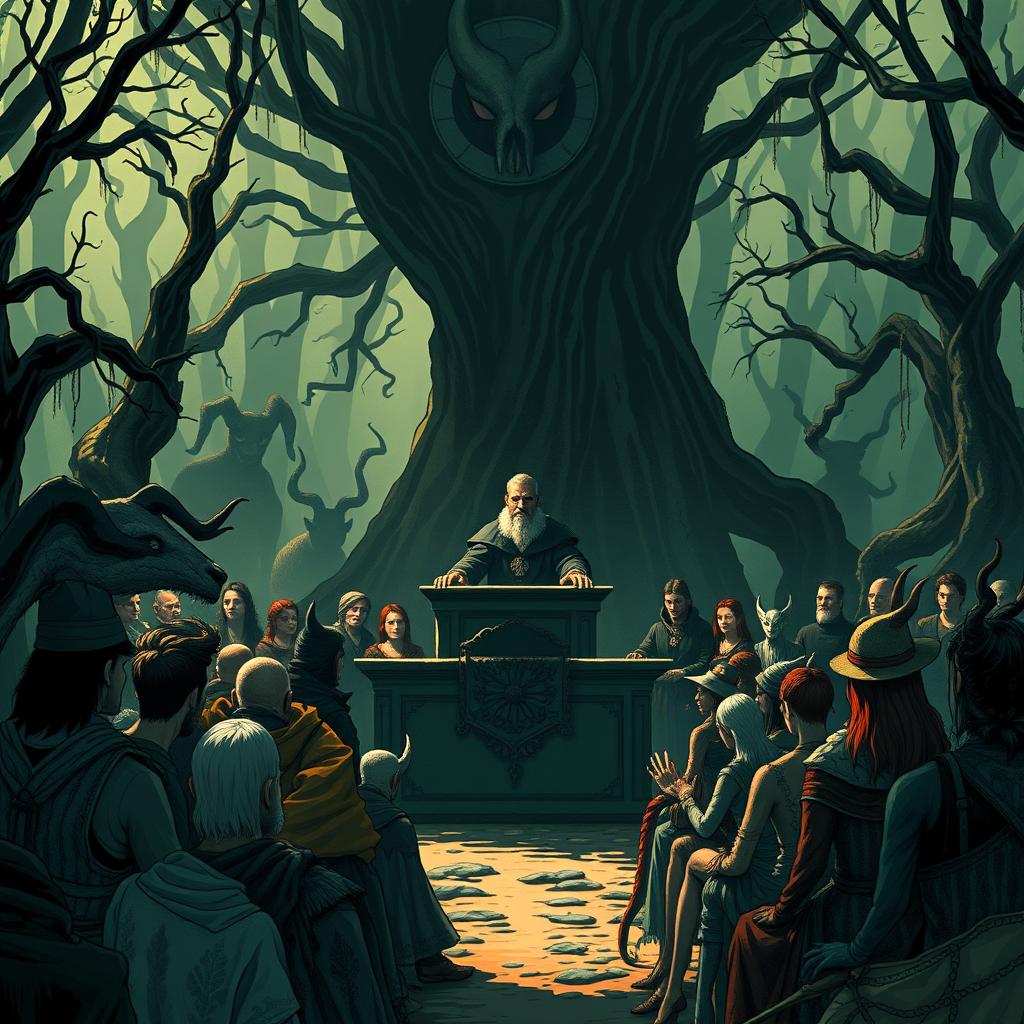 An illustration depicting a natural court scene with a judge sitting at the front, presiding over a trial