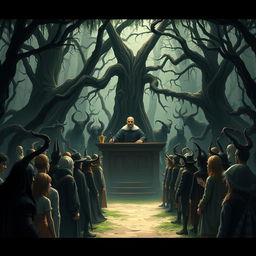 An illustration depicting a natural court scene with a judge sitting at the front, presiding over a trial