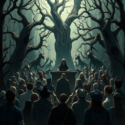 An illustration depicting a natural court scene with a judge sitting at the front, presiding over a trial