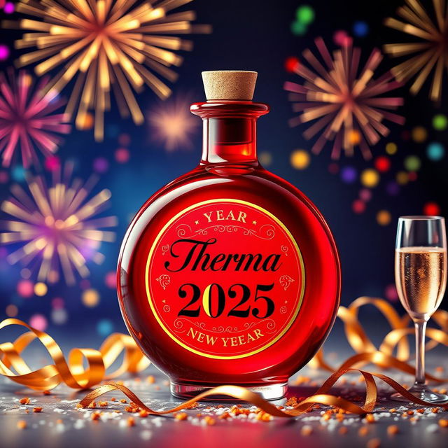 A round red potion bottle with a shiny, glossy surface, prominently featuring a label that reads 'Therma Vitae' in elegant, festive typography