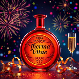 A round red potion bottle with a shiny, glossy surface, prominently featuring a label that reads 'Therma Vitae' in elegant, festive typography