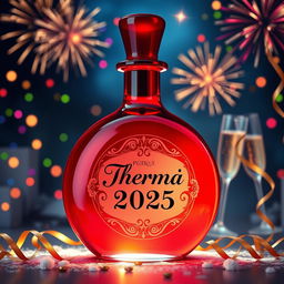 A round red potion bottle with a shiny, glossy surface, prominently featuring a label that reads 'Therma Vitae' in elegant, festive typography