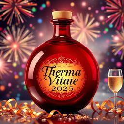 A round red potion bottle with a shiny, glossy surface, prominently featuring a label that reads 'Therma Vitae' in elegant, festive typography