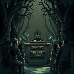 An illustration themed around a nature court, featuring a judge at the front in an imposing and mysterious setup, surrounded by an audience of various forest creatures watching the court proceedings intently