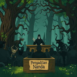 An illustration themed around a nature court, featuring a judge at the front in an imposing and mysterious setup, surrounded by an audience of various forest creatures watching the court proceedings intently