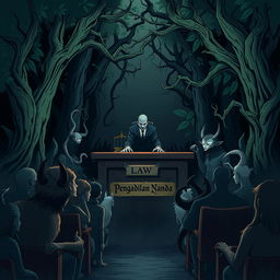 An illustration themed around a nature court, featuring a judge at the front in an imposing and mysterious setup, surrounded by an audience of various forest creatures watching the court proceedings intently