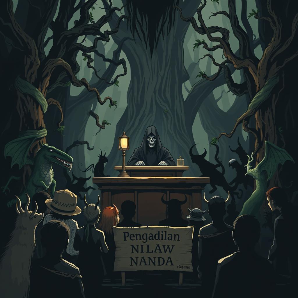 An illustration themed around a nature court, featuring a judge at the front in an imposing and mysterious setup, surrounded by an audience of various forest creatures watching the court proceedings intently