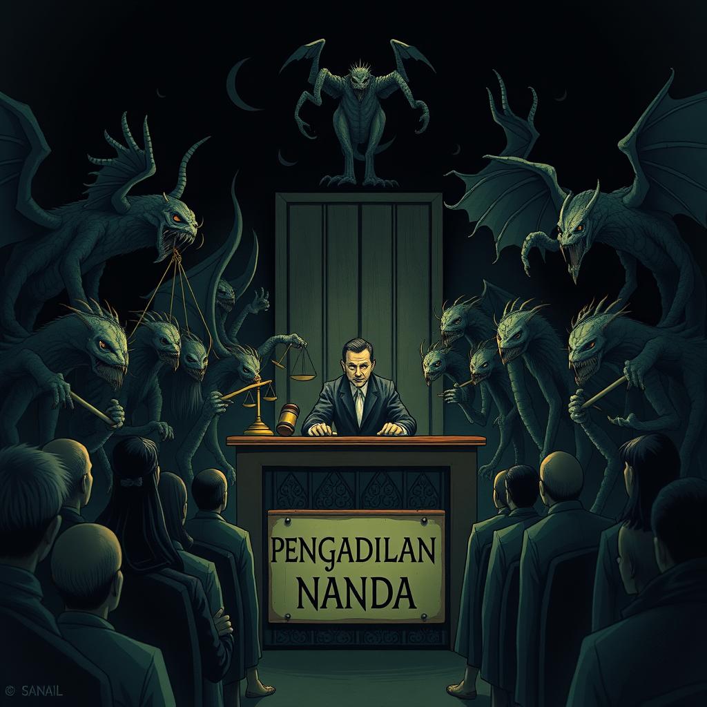 An illustration themed around a 'natural court' scene set in a dark atmosphere during the daytime