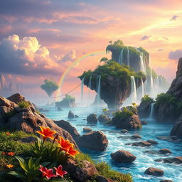 A stunning fantasy background featuring an ethereal landscape with floating islands, surrounded by vibrant, crystal-clear waterfalls cascading into a sparkling river below