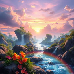 A stunning fantasy background featuring an ethereal landscape with floating islands, surrounded by vibrant, crystal-clear waterfalls cascading into a sparkling river below
