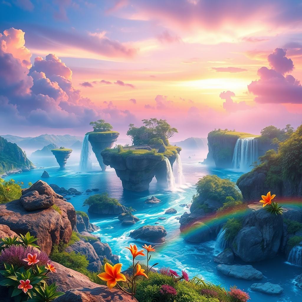 A stunning fantasy background featuring an ethereal landscape with floating islands, surrounded by vibrant, crystal-clear waterfalls cascading into a sparkling river below