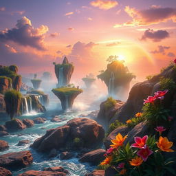 A stunning fantasy background featuring an ethereal landscape with floating islands, surrounded by vibrant, crystal-clear waterfalls cascading into a sparkling river below
