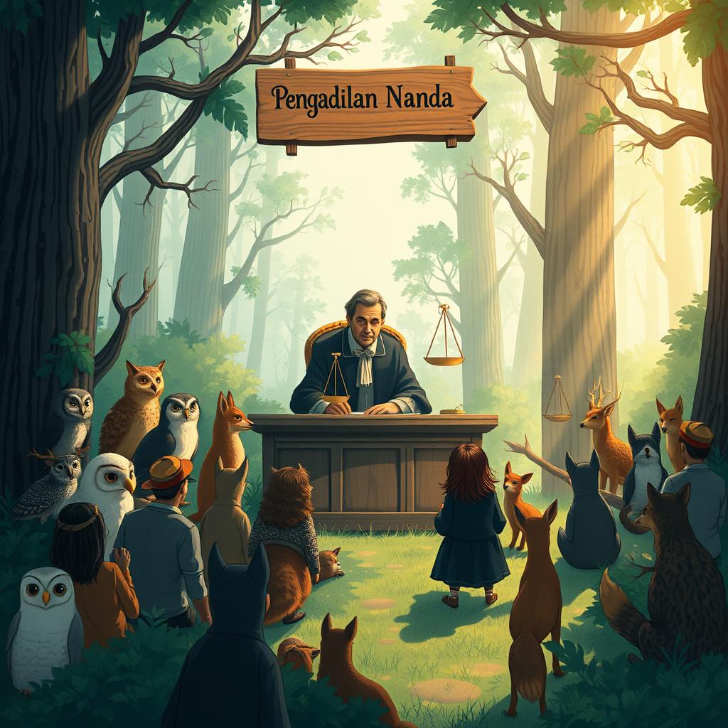An illustration depicting a whimsical court scene set in a lush, open forest during the daytime