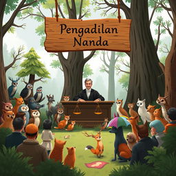 An illustration depicting a whimsical court scene set in a lush, open forest during the daytime