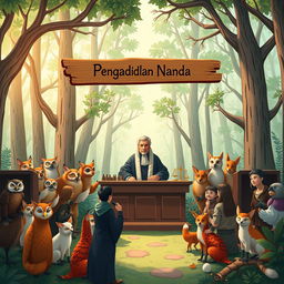 An illustration depicting a whimsical court scene set in a lush, open forest during the daytime