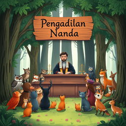 An illustration depicting a whimsical court scene set in a lush, open forest during the daytime