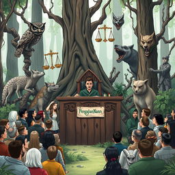A vivid illustration of a forest courtroom scene during daytime