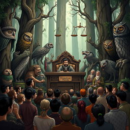 A vivid illustration of a forest courtroom scene during daytime