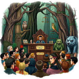 A vivid illustration of a forest courtroom scene during daytime