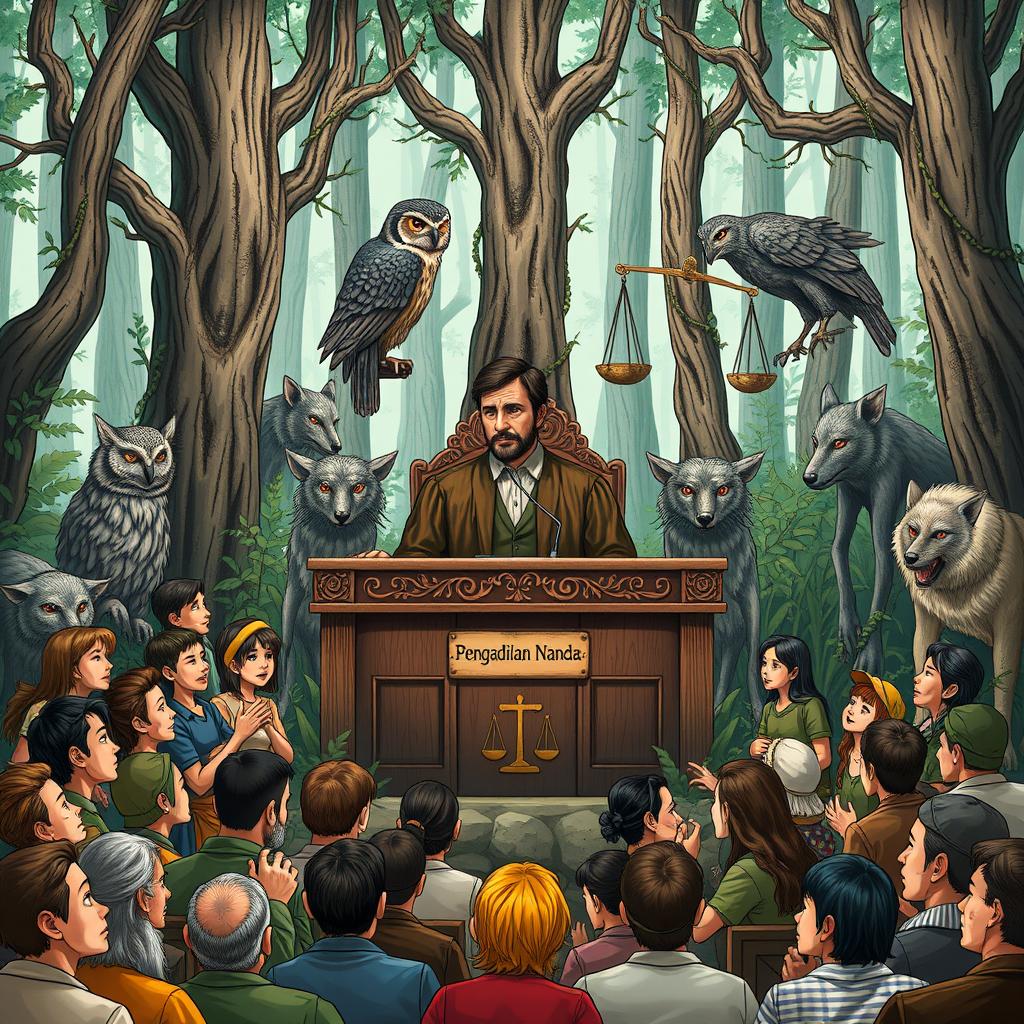 A vivid illustration of a forest courtroom scene during daytime