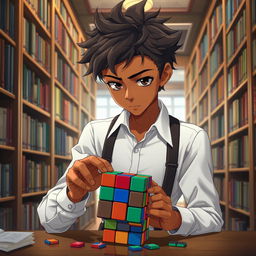 An anime boy with frizzy hair and bronze skin, wearing fashionable suspenders over a crisp white shirt, intensely focused as he solves a 7x7 Rubik's Cube