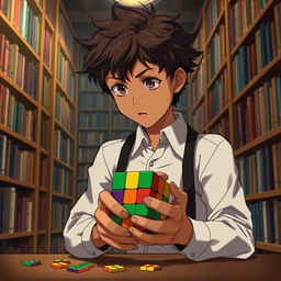 An anime boy with frizzy hair and bronze skin, wearing fashionable suspenders over a crisp white shirt, intensely focused as he solves a 7x7 Rubik's Cube