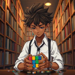 An anime boy with frizzy hair and bronze skin, wearing fashionable suspenders over a crisp white shirt, intensely focused as he solves a 7x7 Rubik's Cube