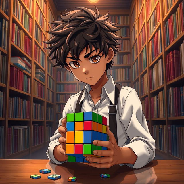 An anime boy with frizzy hair and bronze skin, wearing fashionable suspenders over a crisp white shirt, intensely focused as he solves a 7x7 Rubik's Cube