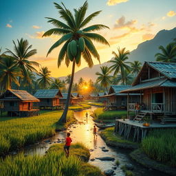 A picturesque Filipino village scene featuring traditional bamboo houses on stilts, surrounded by lush green rice fields and palm trees