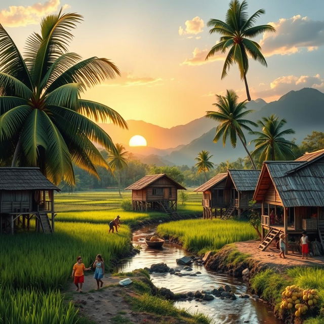 A picturesque Filipino village scene featuring traditional bamboo houses on stilts, surrounded by lush green rice fields and palm trees