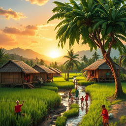 A picturesque Filipino village scene featuring traditional bamboo houses on stilts, surrounded by lush green rice fields and palm trees