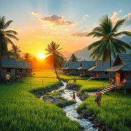 A picturesque Filipino village scene featuring traditional bamboo houses on stilts, surrounded by lush green rice fields and palm trees