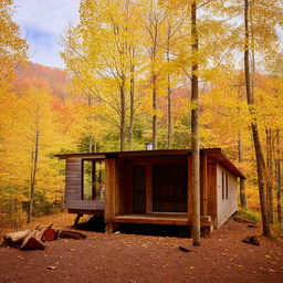 Generate an image of a cozy cabin nestled in the woods during the fall season