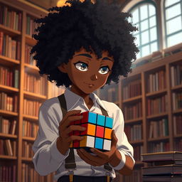 An anime boy with very curly hair, resembling African texture, and bronze skin, dressed in suspenders over a white shirt