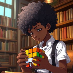 An anime boy with very curly hair, resembling African texture, and bronze skin, dressed in suspenders over a white shirt