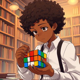 An anime boy with very curly hair, resembling African texture, and bronze skin, dressed in suspenders over a white shirt