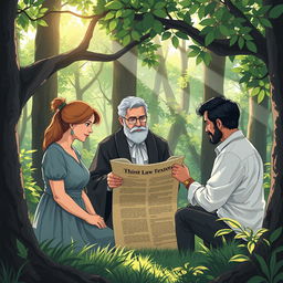 An illustration featuring three people, one woman and two men, gathered around a law professor