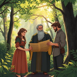 An illustration featuring three people, one woman and two men, gathered around a law professor