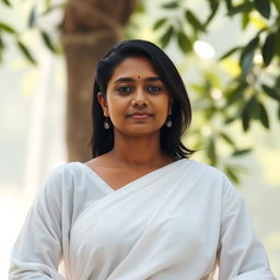 A serene and focused Tamil woman, around 30 years old, with short black hair, seated in a meditative pose