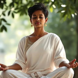 A serene and focused Tamil woman, around 30 years old, with short black hair, seated in a meditative pose