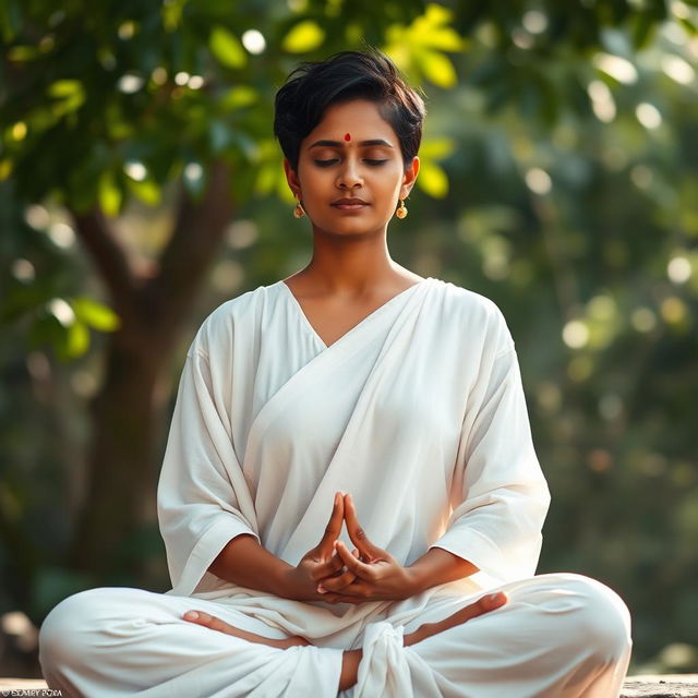 A serene and focused Tamil woman, around 30 years old, with short black hair, seated in a meditative pose