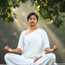 A serene and focused Tamil woman, around 30 years old, with short black hair, seated in a meditative pose