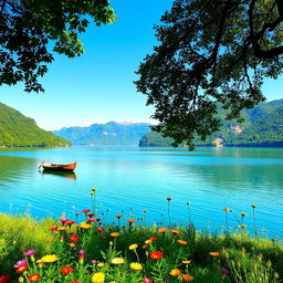 A serene landscape featuring a tranquil lake surrounded by lush, green mountains under a clear blue sky