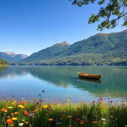 A serene landscape featuring a tranquil lake surrounded by lush, green mountains under a clear blue sky