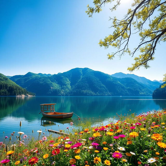 A serene landscape featuring a tranquil lake surrounded by lush, green mountains under a clear blue sky