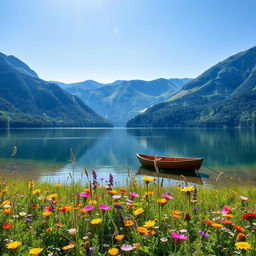 A serene landscape featuring a tranquil lake surrounded by lush, green mountains under a clear blue sky